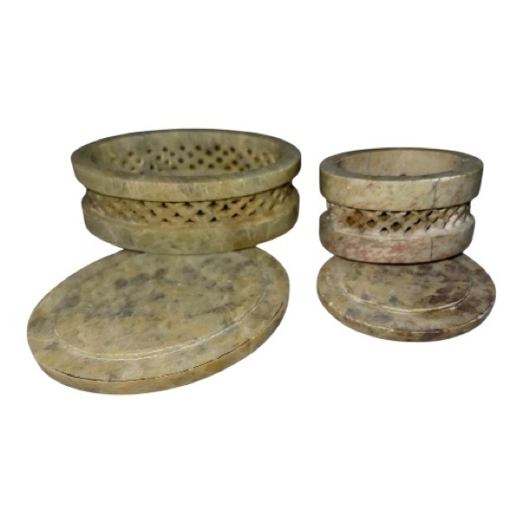 Floral Inlay Decorative Hand Carved Soapstone Trinket Boxes Set of Two - Picture 3 of 5